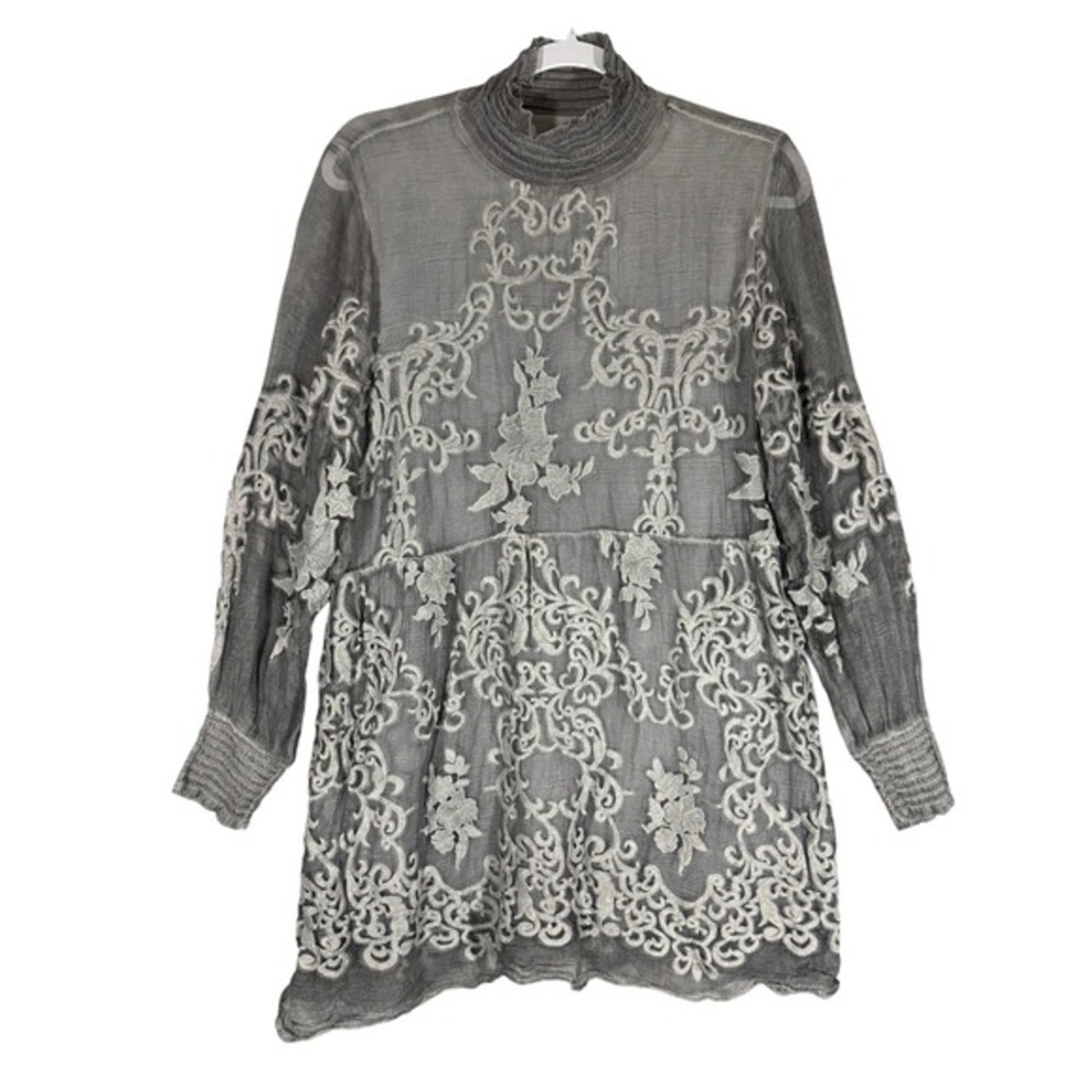 Soft Surroundings Demi Tunic Sz M Silk Embroidered Long Burnout High Neck Sheer‎